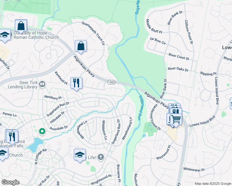 map of restaurants, bars, coffee shops, grocery stores, and more near 47145 Kentwell Place in Sterling
