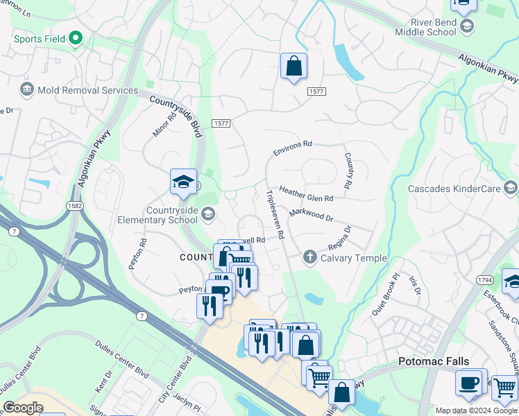 map of restaurants, bars, coffee shops, grocery stores, and more near 18 Berkeley Court in Sterling