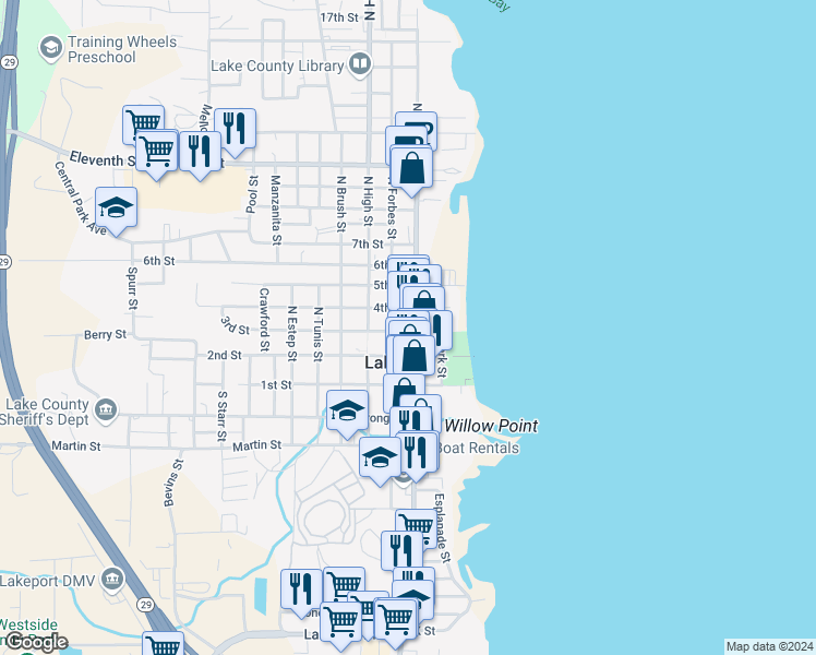 map of restaurants, bars, coffee shops, grocery stores, and more near 301 North Main Street in Lakeport