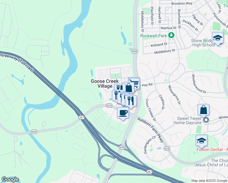 map of restaurants, bars, coffee shops, grocery stores, and more near Wardlaw Terrace in Ashburn