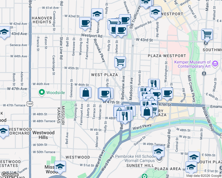 map of restaurants, bars, coffee shops, grocery stores, and more near 4616 Holly Street in Kansas City