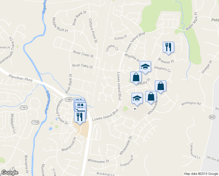 map of restaurants, bars, coffee shops, grocery stores, and more near 47569 Saulty Drive in Sterling