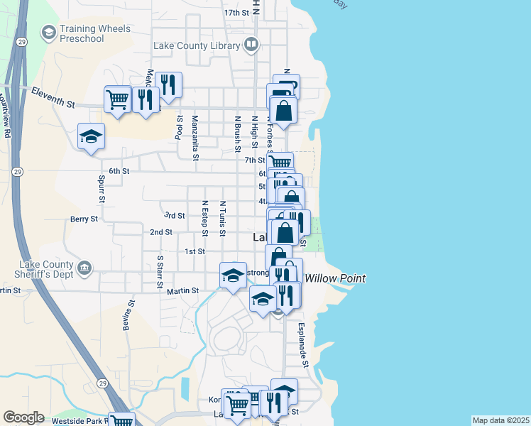 map of restaurants, bars, coffee shops, grocery stores, and more near 301 North Forbes Street in Lakeport