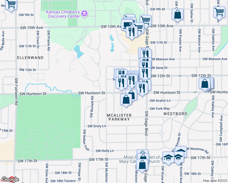 map of restaurants, bars, coffee shops, grocery stores, and more near Southwest Hillsdale Street in Topeka