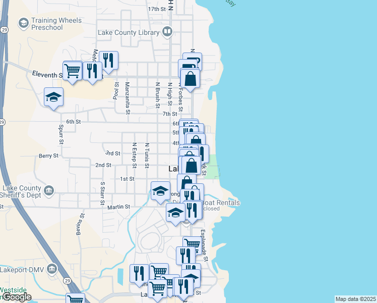 map of restaurants, bars, coffee shops, grocery stores, and more near 301 North Main Street in Lakeport