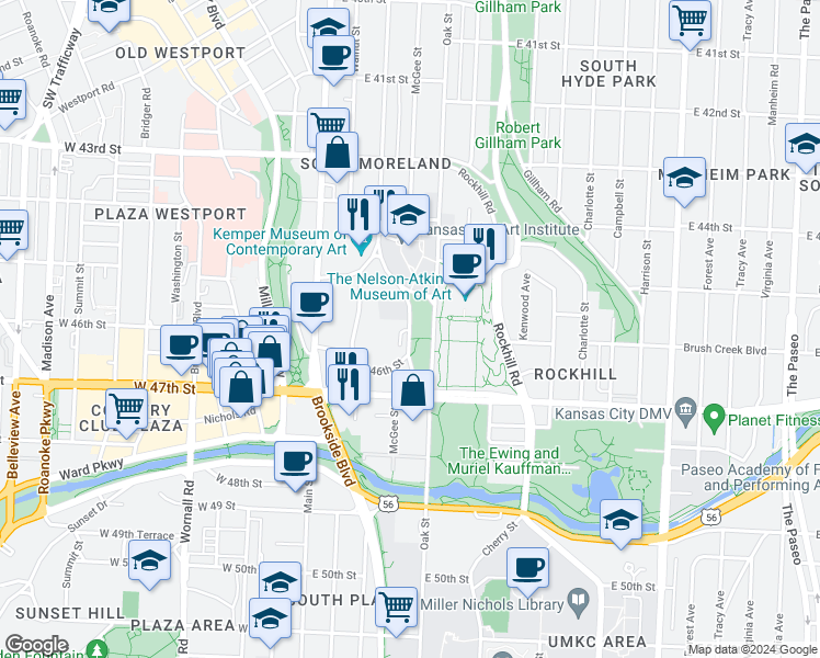 map of restaurants, bars, coffee shops, grocery stores, and more near 4600 Oak Street in Kansas City