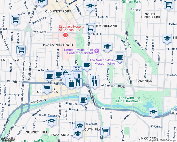 map of restaurants, bars, coffee shops, grocery stores, and more near 4550 Main Street in Kansas City