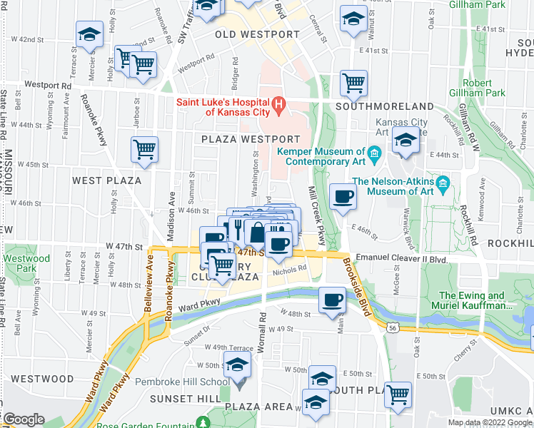 map of restaurants, bars, coffee shops, grocery stores, and more near 4615 Broadway Boulevard in Kansas City