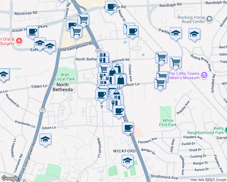 map of restaurants, bars, coffee shops, grocery stores, and more near 11428 Rockville Pike in Rockville