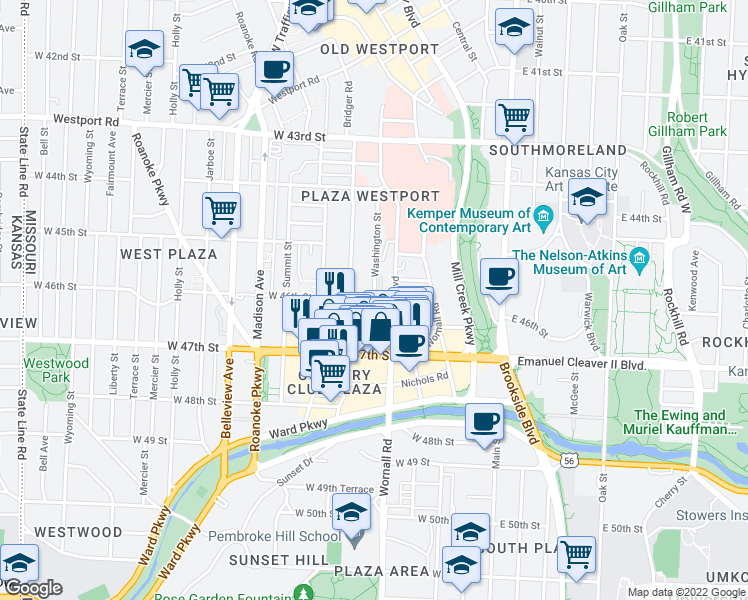map of restaurants, bars, coffee shops, grocery stores, and more near Washington St & W 46th St in Kansas City