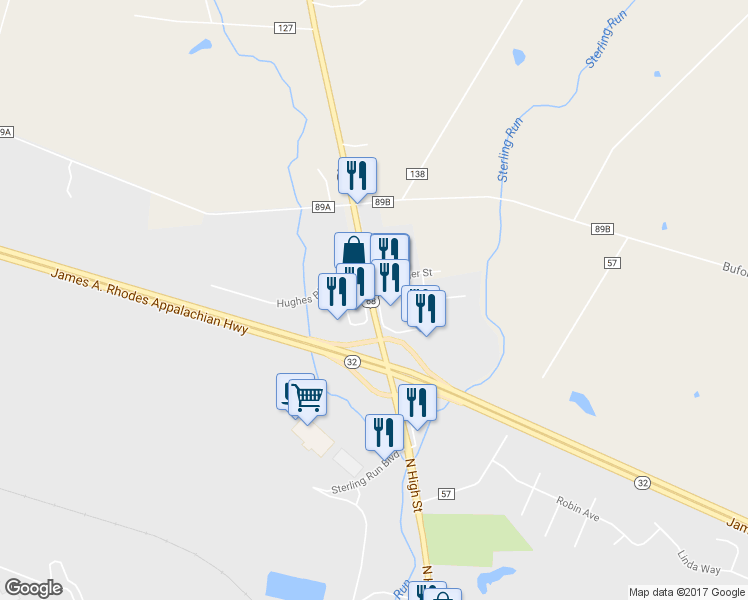 map of restaurants, bars, coffee shops, grocery stores, and more near 103 Glover Dr in Mt Orab