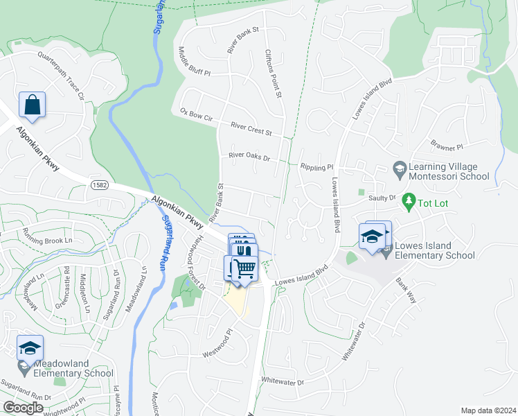 map of restaurants, bars, coffee shops, grocery stores, and more near 20627 Lewins Court in Sterling