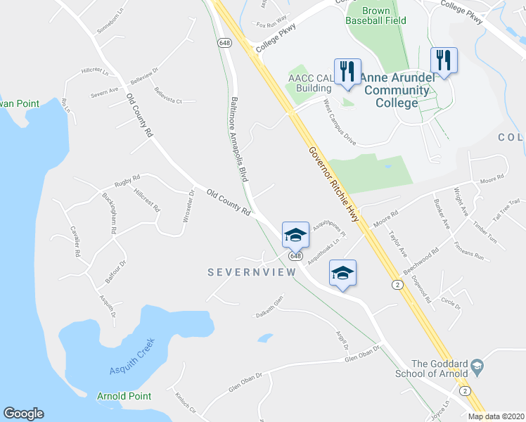map of restaurants, bars, coffee shops, grocery stores, and more near 1185 Baltimore Annapolis Boulevard in Arnold