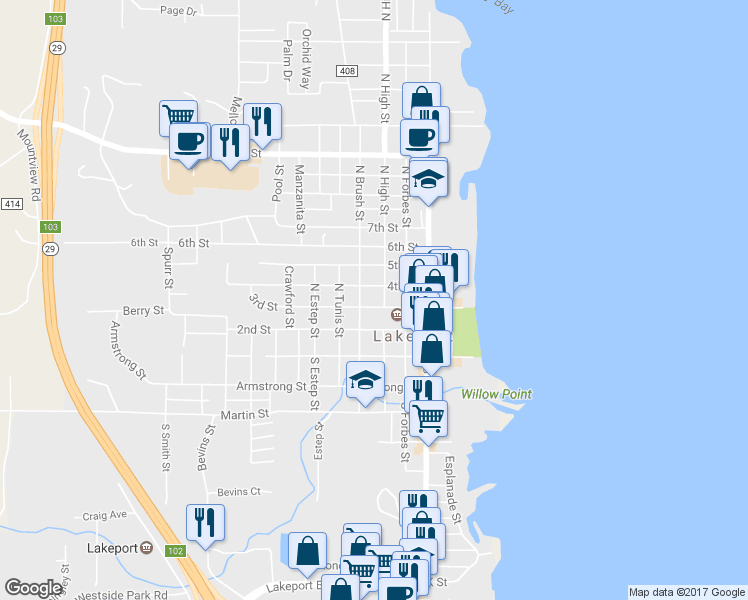map of restaurants, bars, coffee shops, grocery stores, and more near 360 3rd Street in Lakeport
