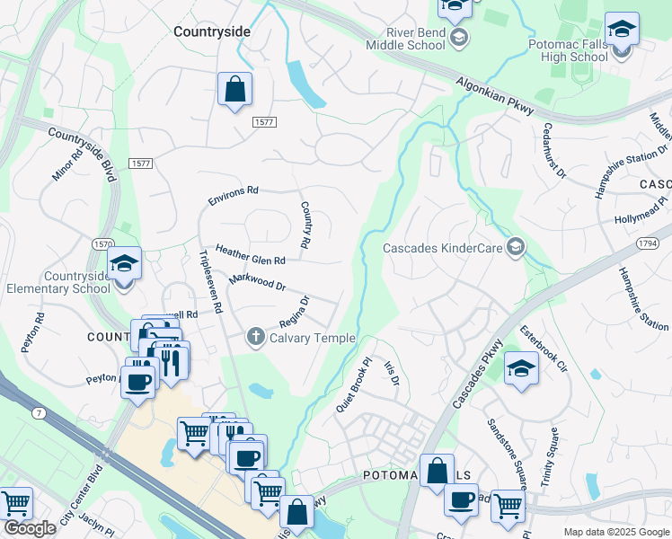 map of restaurants, bars, coffee shops, grocery stores, and more near 211 Heather Glen Road in Sterling