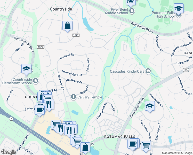 map of restaurants, bars, coffee shops, grocery stores, and more near 211 Heather Glen Road in Sterling