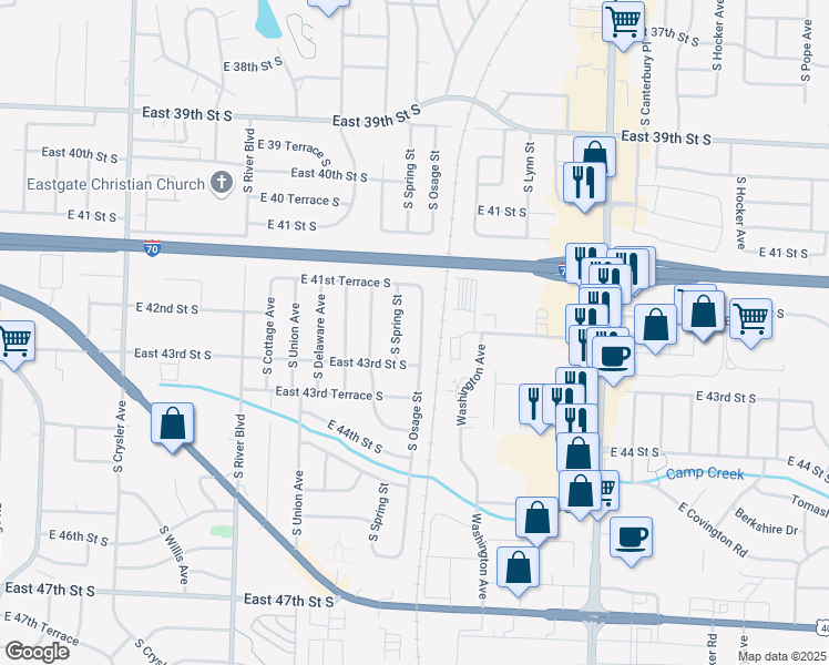 map of restaurants, bars, coffee shops, grocery stores, and more near 4208 South Osage Street in Independence