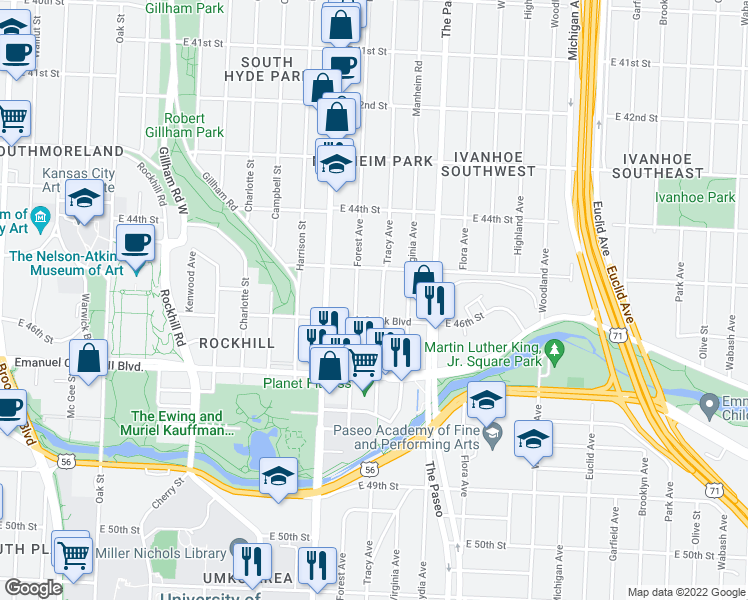 map of restaurants, bars, coffee shops, grocery stores, and more near 4528 Tracy Avenue in Kansas City