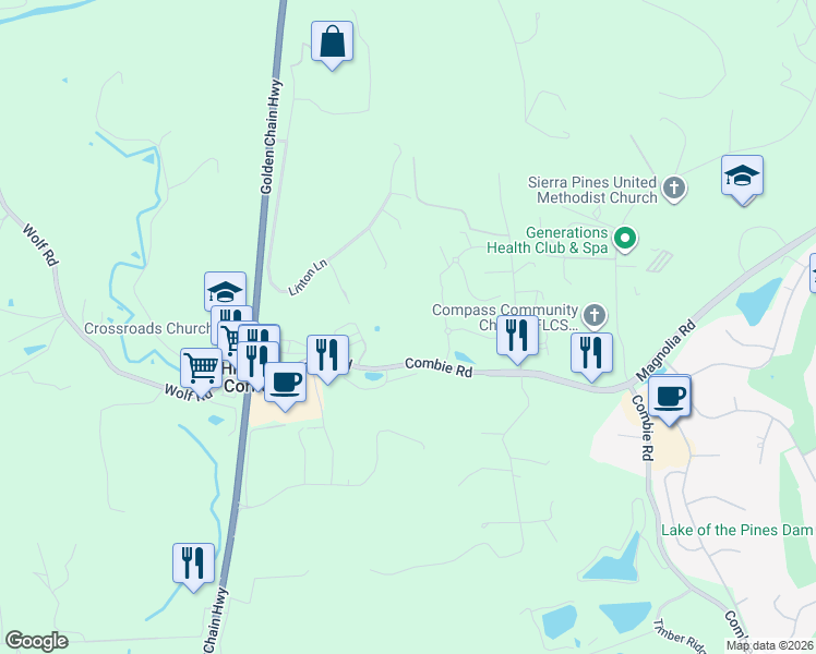map of restaurants, bars, coffee shops, grocery stores, and more near 10260 Combie Road in Auburn
