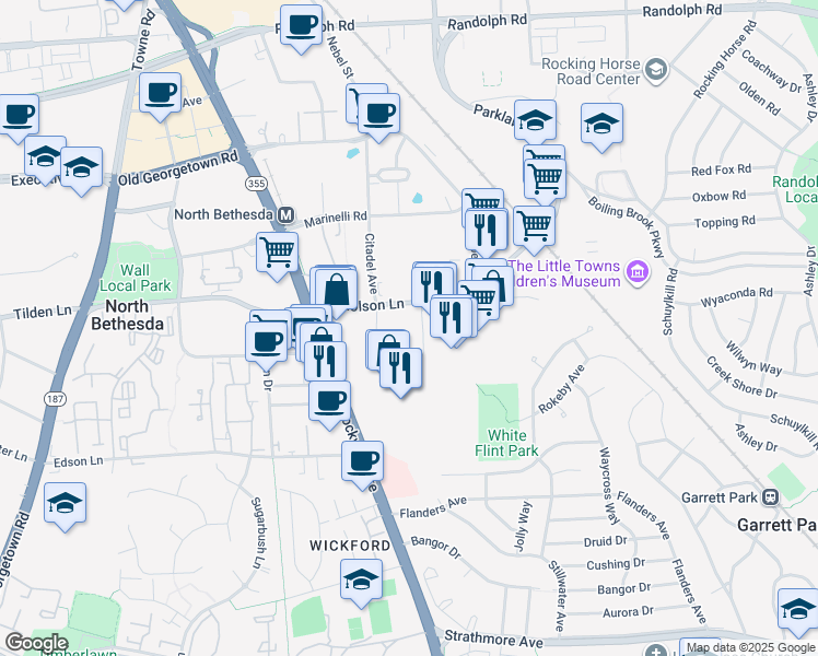 map of restaurants, bars, coffee shops, grocery stores, and more near 5454 Nicholson Lane in North Bethesda