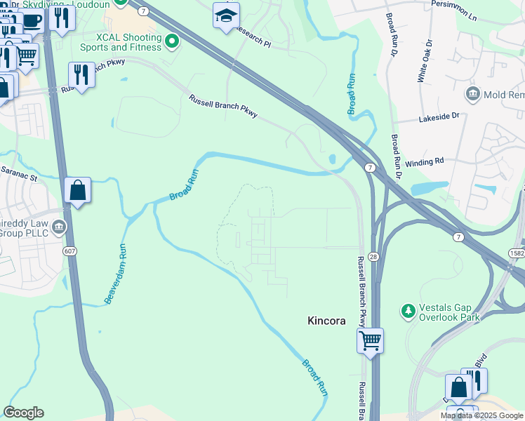 map of restaurants, bars, coffee shops, grocery stores, and more near 20652 River Liffey Terrace in Dulles