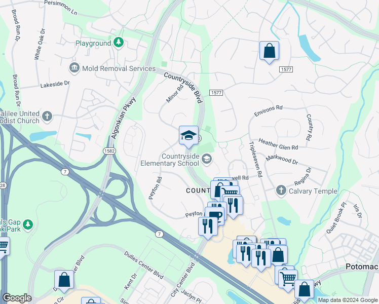 map of restaurants, bars, coffee shops, grocery stores, and more near 20624 Countryside Boulevard in Sterling