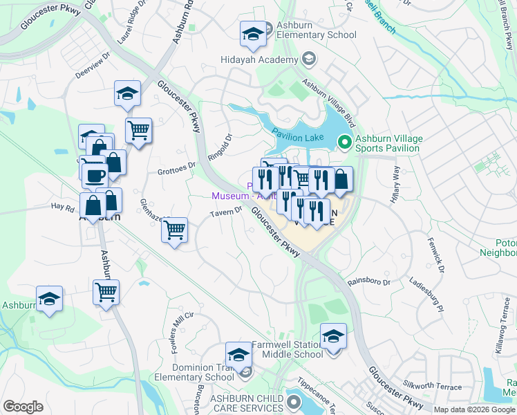 map of restaurants, bars, coffee shops, grocery stores, and more near Gloucester Parkway in Ashburn