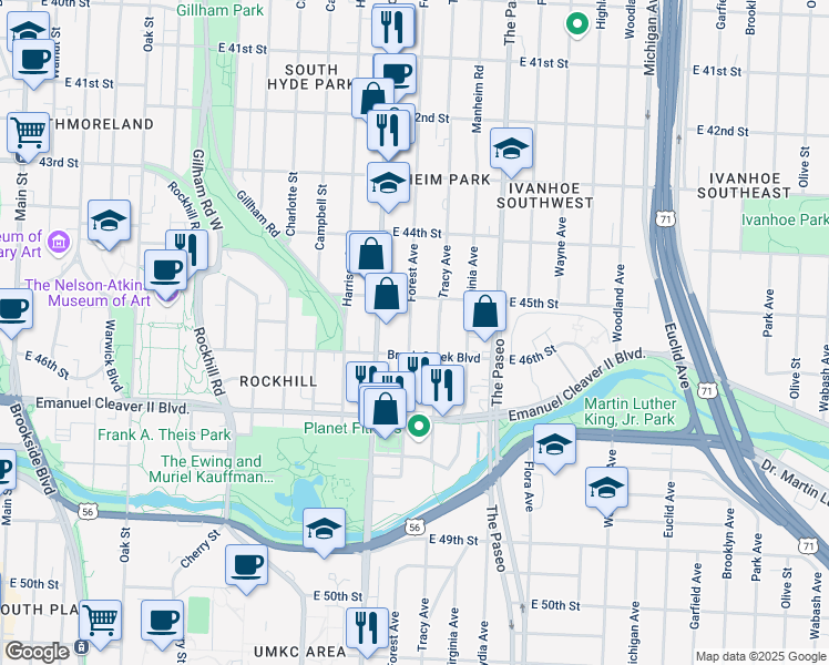 map of restaurants, bars, coffee shops, grocery stores, and more near 1119 Brush Creek Boulevard in Kansas City