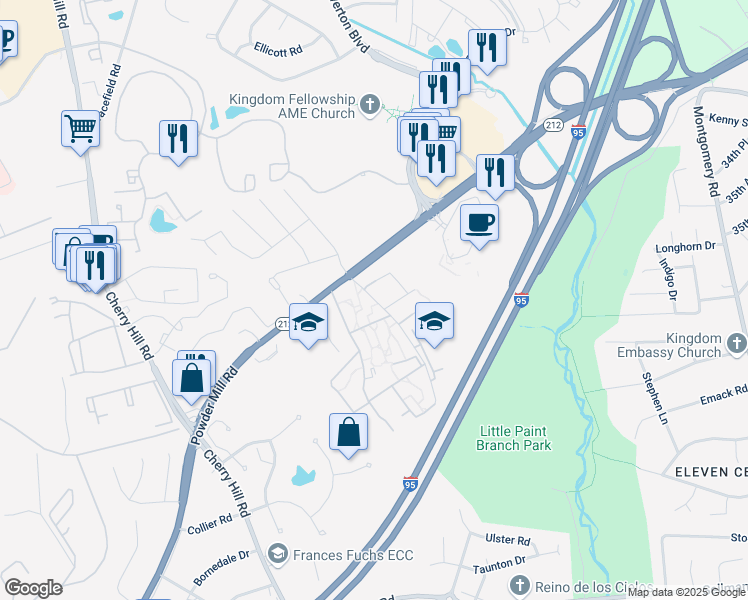 map of restaurants, bars, coffee shops, grocery stores, and more near 11356 Evans Trail in Beltsville