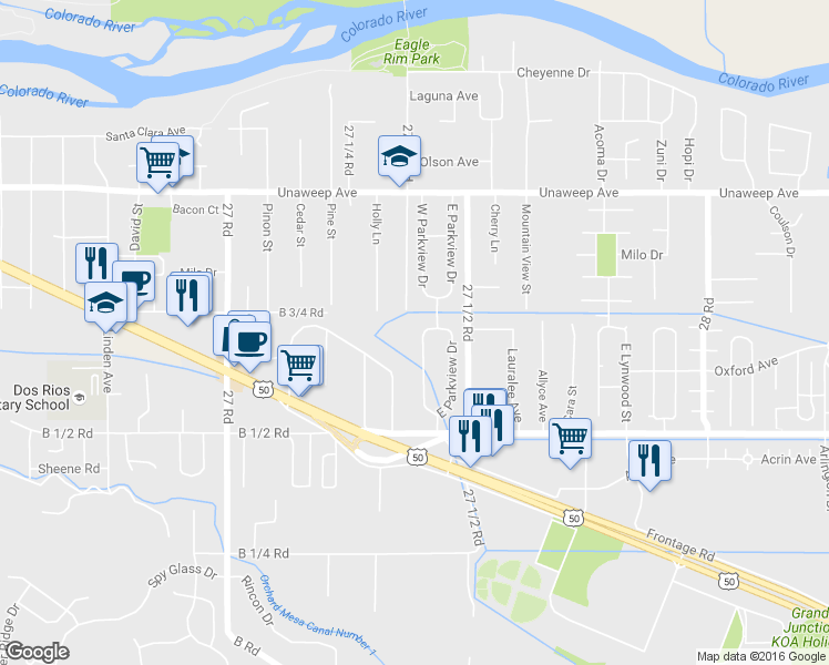 map of restaurants, bars, coffee shops, grocery stores, and more near 266 West Parkview Drive in Grand Junction