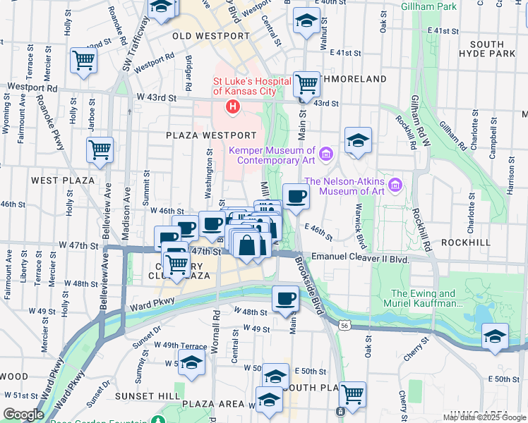 map of restaurants, bars, coffee shops, grocery stores, and more near West 47th Street in Kansas City