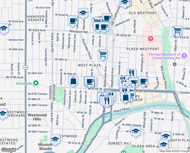 map of restaurants, bars, coffee shops, grocery stores, and more near 4616 Holly Street in Kansas City