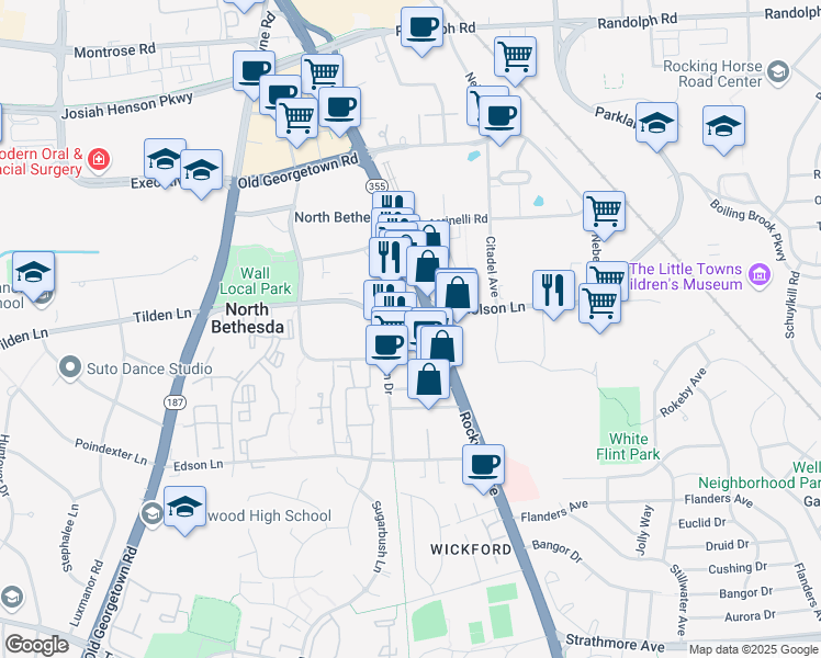 map of restaurants, bars, coffee shops, grocery stores, and more near 11428 Rockville Pike in Rockville
