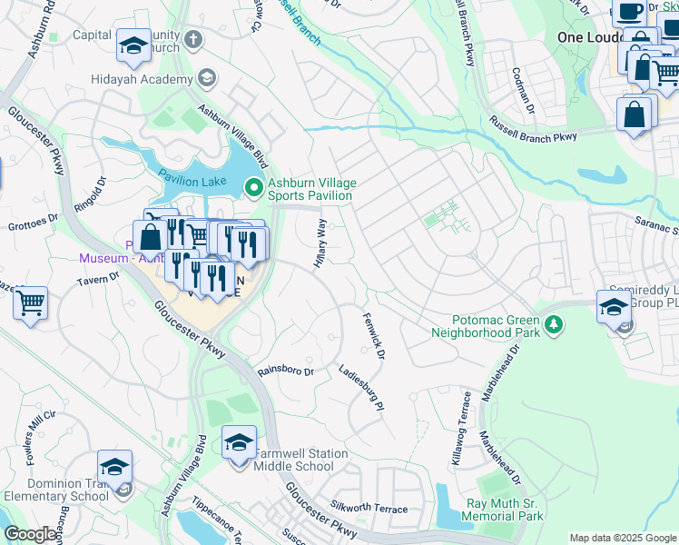 map of restaurants, bars, coffee shops, grocery stores, and more near 20679 Pomeroy Court in Ashburn