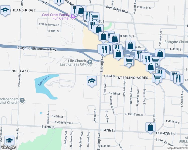map of restaurants, bars, coffee shops, grocery stores, and more near 4300 Sterling Avenue in Kansas City