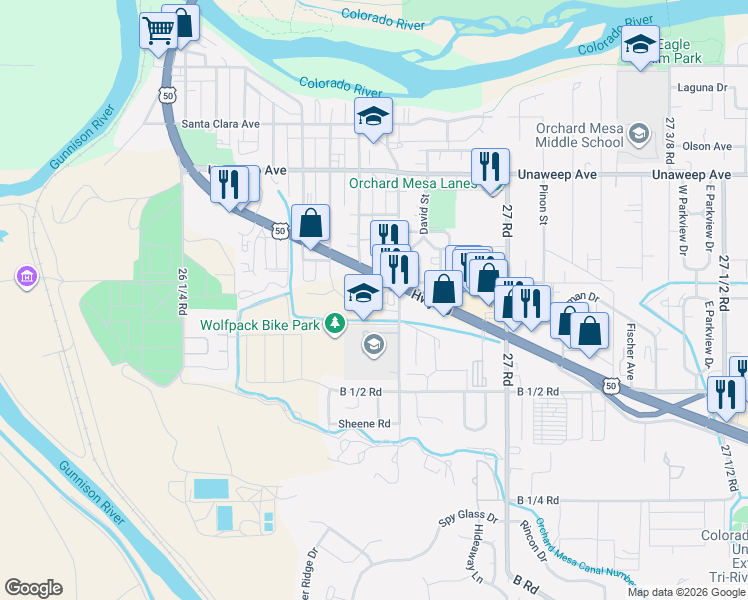 map of restaurants, bars, coffee shops, grocery stores, and more near 2670 Tracy Ann Road in Grand Junction