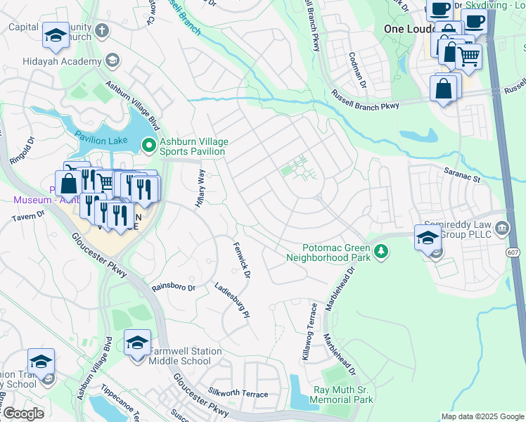 map of restaurants, bars, coffee shops, grocery stores, and more near 44397 Blueridge Meadows Drive in Ashburn