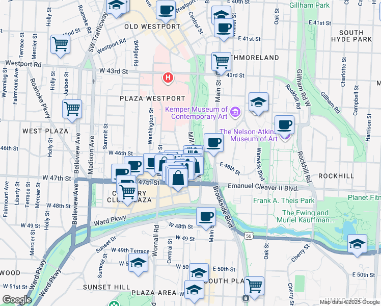 map of restaurants, bars, coffee shops, grocery stores, and more near West 47th Street in Kansas City