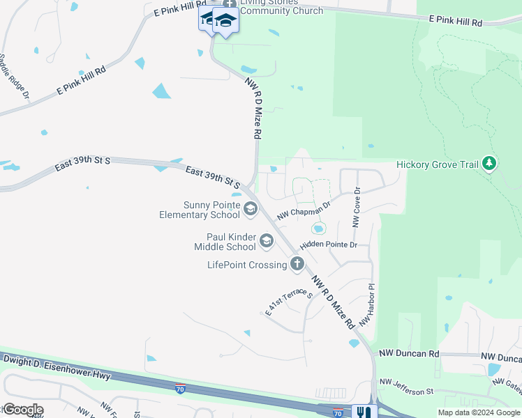 map of restaurants, bars, coffee shops, grocery stores, and more near 3920 Northwest R D Mize Road in Blue Springs