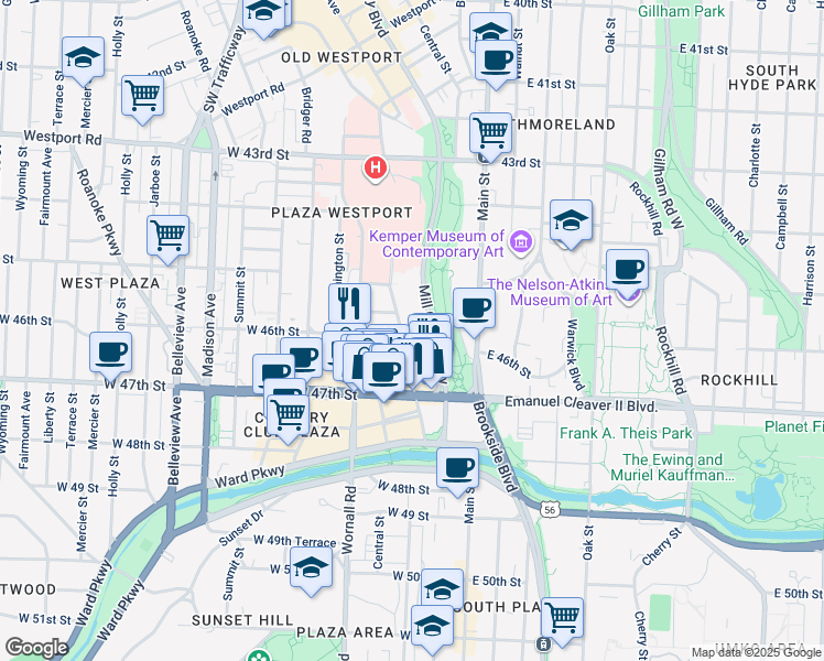 map of restaurants, bars, coffee shops, grocery stores, and more near 4545 Wornall Road in Kansas City