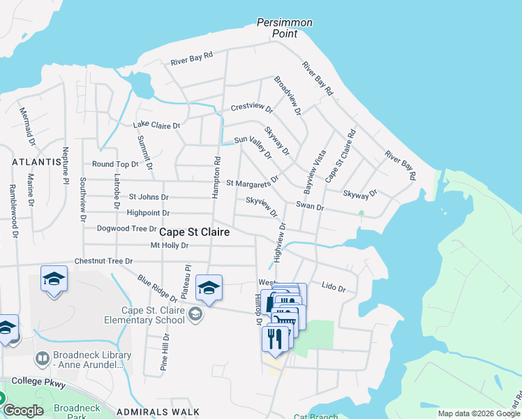 map of restaurants, bars, coffee shops, grocery stores, and more near 1342 Cape Saint Claire Road in Annapolis