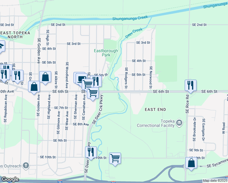 map of restaurants, bars, coffee shops, grocery stores, and more near Deer Creek Trail in Topeka