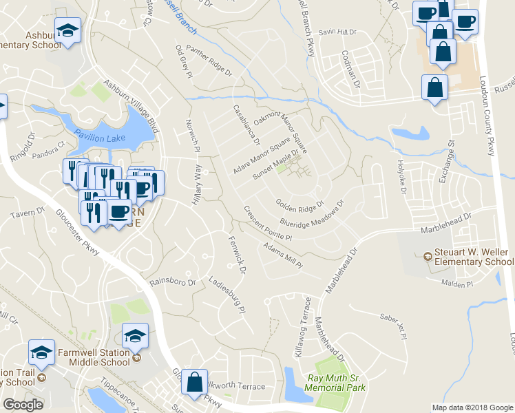 map of restaurants, bars, coffee shops, grocery stores, and more near 44397 Blueridge Meadows Drive in Ashburn