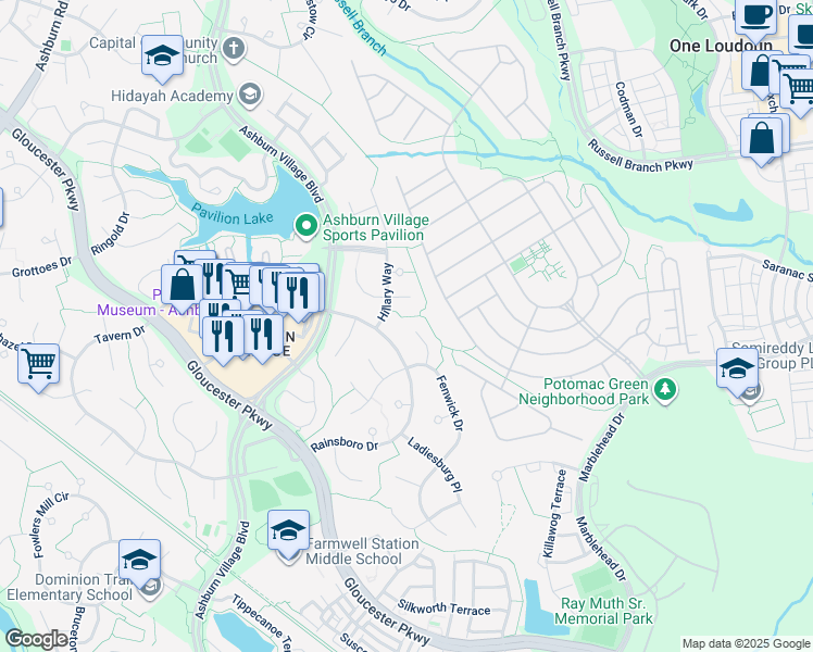 map of restaurants, bars, coffee shops, grocery stores, and more near 20679 Pomeroy Court in Ashburn
