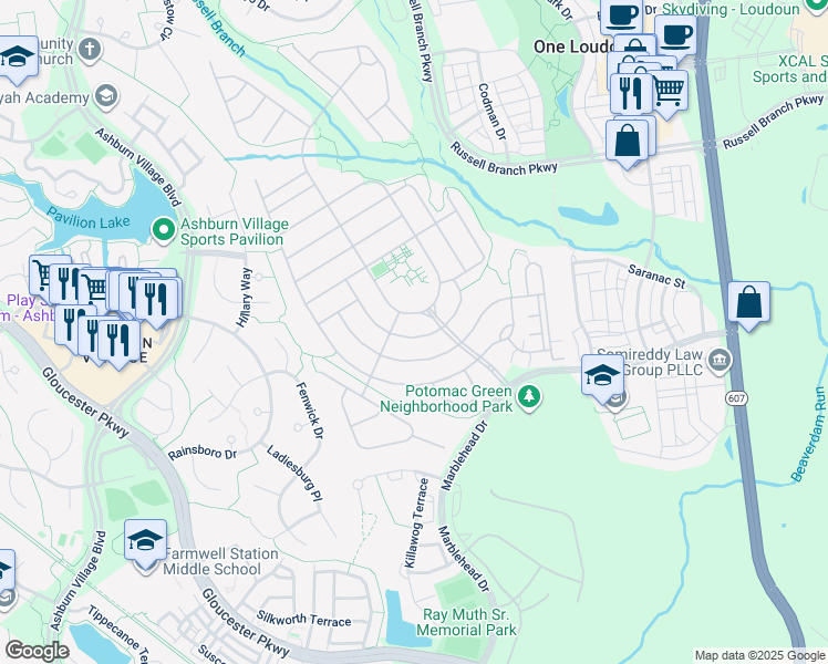 map of restaurants, bars, coffee shops, grocery stores, and more near 20650 Golden Ridge Drive in Ashburn