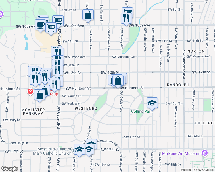 map of restaurants, bars, coffee shops, grocery stores, and more near 3220 Southwest Huntoon Street in Topeka