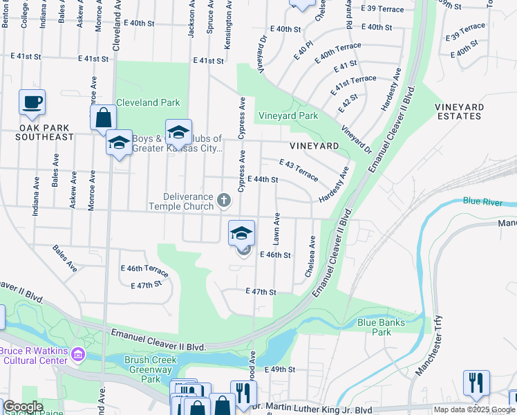map of restaurants, bars, coffee shops, grocery stores, and more near Elmwood Avenue in Kansas City
