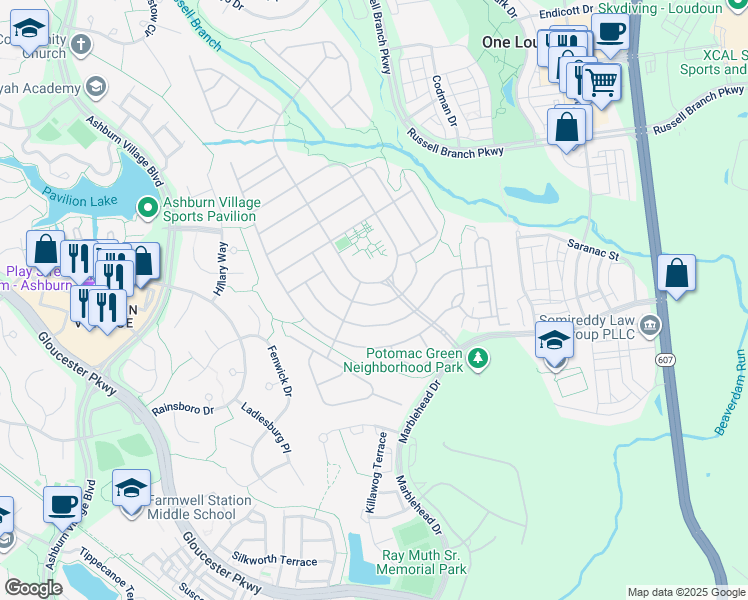 map of restaurants, bars, coffee shops, grocery stores, and more near 20650 Golden Ridge Drive in Ashburn