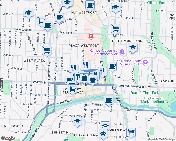 map of restaurants, bars, coffee shops, grocery stores, and more near 4539 Broadway in Kansas City