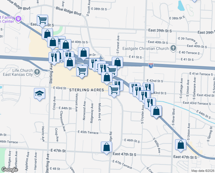 map of restaurants, bars, coffee shops, grocery stores, and more near 4240 Blue Ridge Boulevard in Kansas City